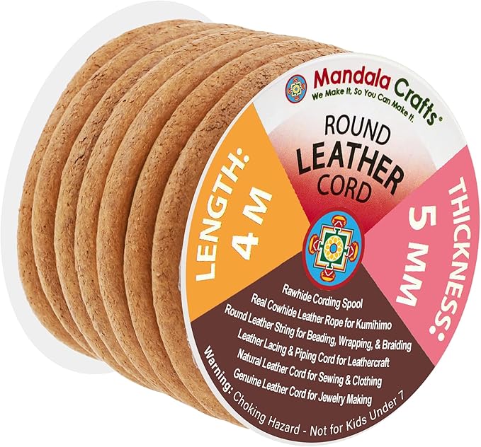 Mandala Crafts Round Genuine Tan Leather Cord for Jewelry Making – 5mm Cowhide Leather Rope String Lace for Kumihimo – 4.4 Yards Cowhide Craft Cording Spool