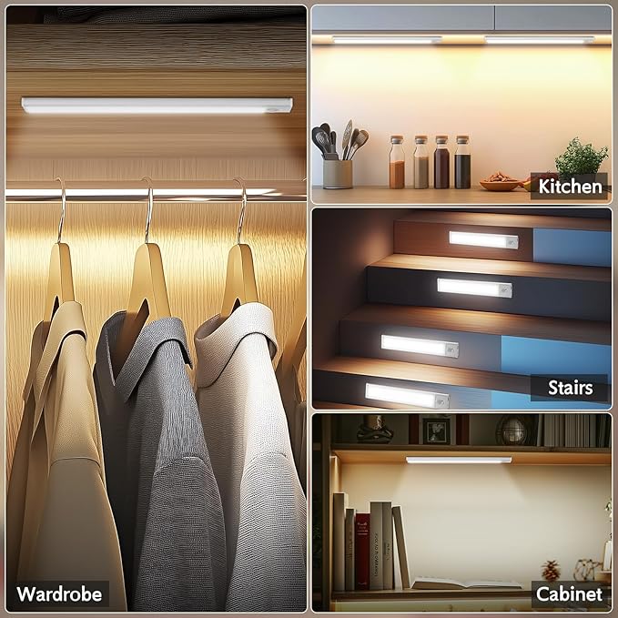 Under Cabinet Lighting Wireless, 4Pack Motion Sensor Light Indoor with 3 Color Temps, Dimmable Closet Lights Battery Operated, LED Magnetic Light, Rechargeable Under Counter Lights for Kitchen Stairs