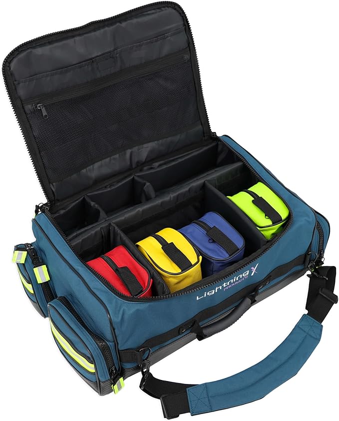 Lightning X Fully Stocked X-Tuff Modular Oxygen Trauma Bag w/Removable Organizer Pouches for EMS/EMT + First Responder - Blue