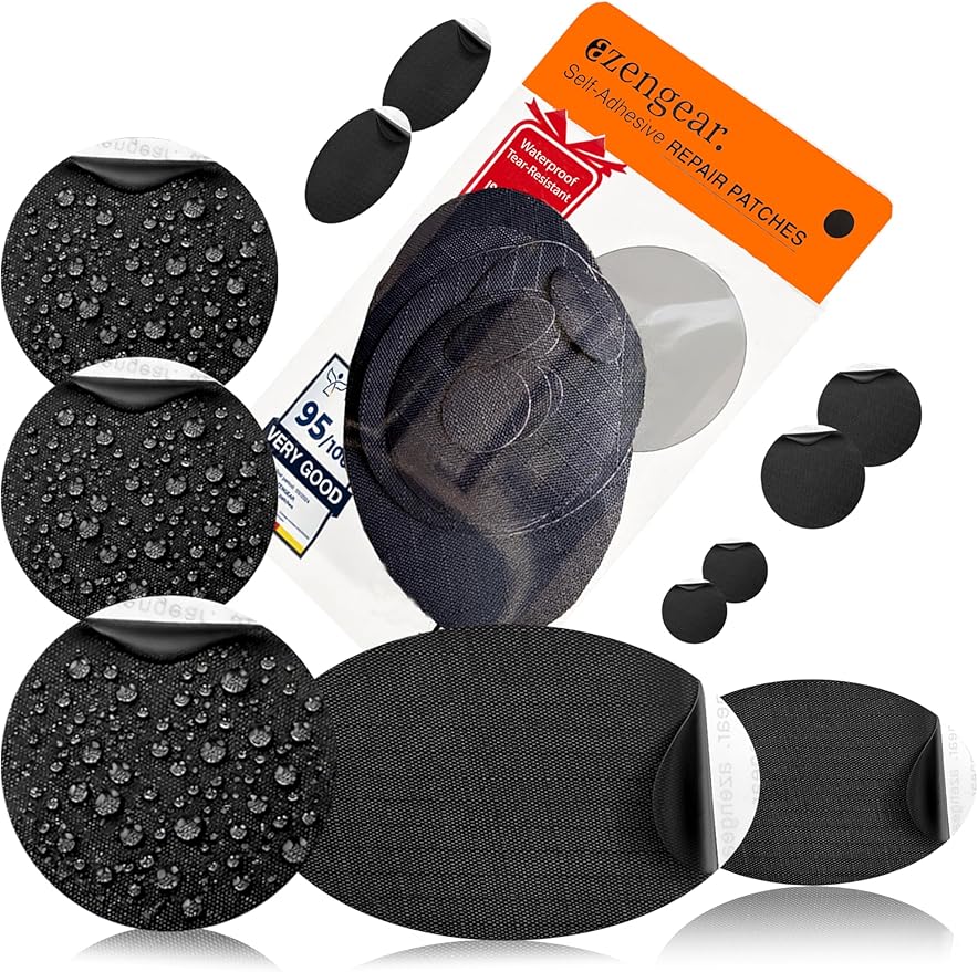 aZengear Repair Patches - Waterproof, Self-Adhesive, Tear-Cold-Heat-Resistant Polyester Fabric to Fix Down Jacket, Puffer, Snowsuit, Shoe, Tent, PVC, Clothing, Upholstery (Black)