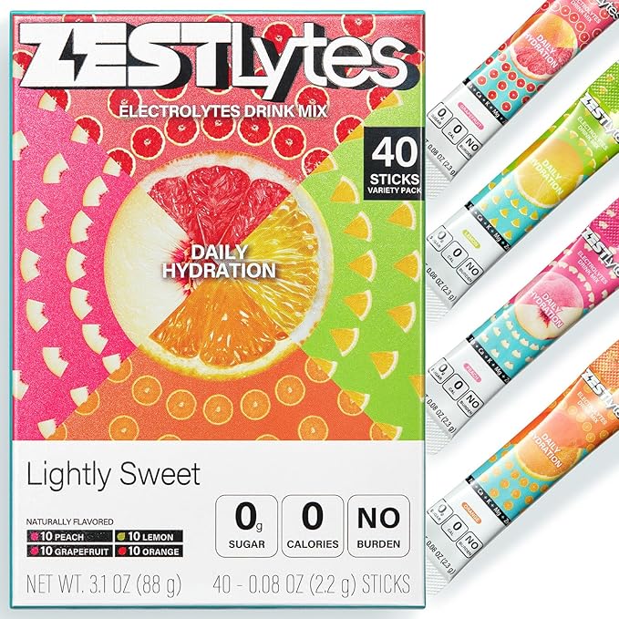 40 Sticks Sugar Free & 0 Calorie Electrolyte Hydration Packets, Low Sodium Lightly Sweet Electrolyte Powder Drink Mix, Liquid Daily IV Flavors | Lemon Orange Peach Grapefruit