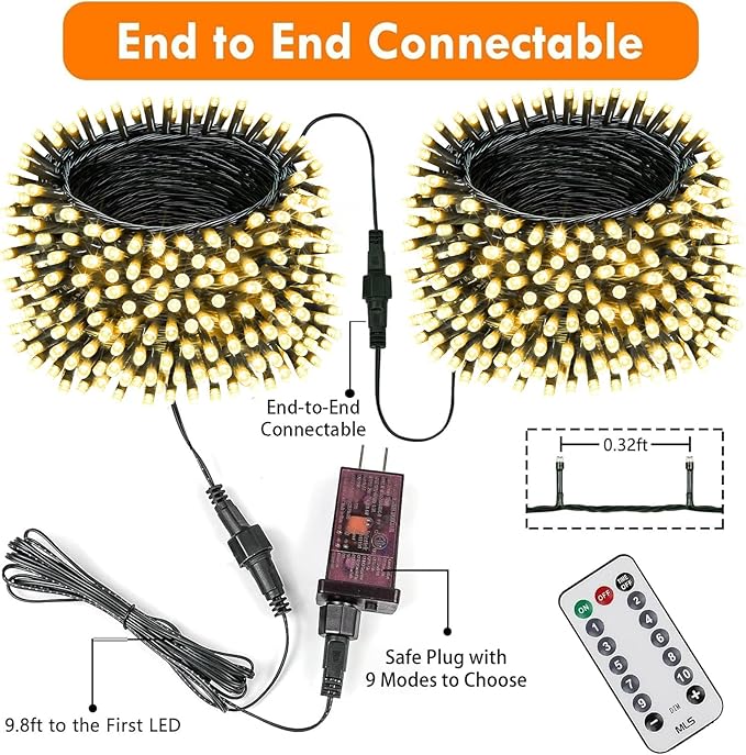 Upgraded 75.8 FT 200 LED Christmas String Lights Outdoor/Indoor, Timer & Memory Function & 8 Modes, Extendable Green Wire Waterproof Fairy String Lights for Xmas Tree Holiday Party Garden (Warm White)