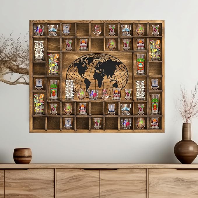 GlikCeil 44 Slots 28 x 23'' Medium World Map Shot Glass Display Case Rustic Wood Shot Glass Holder for Different Size Wineglass Bar Shelf Organizer Storage Cabinet Decor