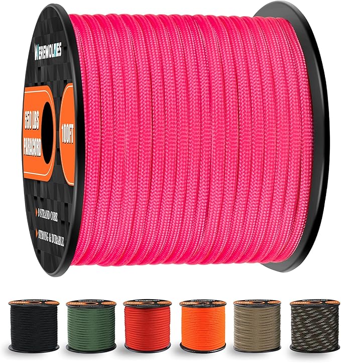 WEREWOLVES 650lb Paracord/Parachute Cord - 9 Strand Paracord Rope - 100', 200' Spools of Parachute Cord, Type III Paracord for Camping, Survival