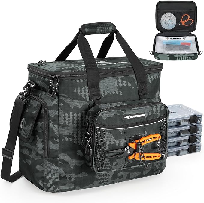 KastKing BaitSpace Fishing Tackle Bag With 4 Tackle Boxes & Removable Bait Binder, Water-Resistant Tackle Storage, Durable Fishing Gear, Adjustable Shoulder Strap