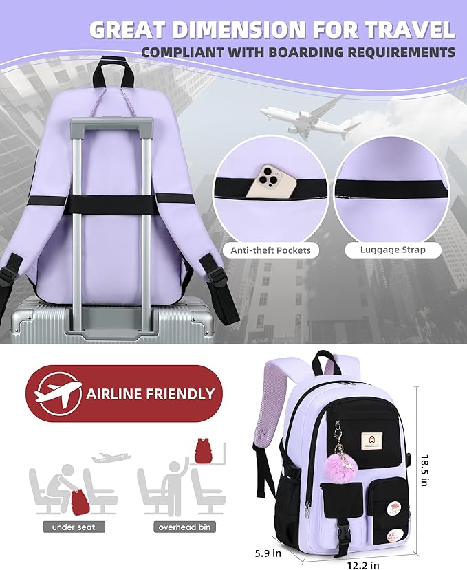 Hidds Laptop Backpacks 15.6 Inch School Bag Elementary Middle High College Backpack Cute Bookbags Anti Theft Travel Back Pack Casual Daypack Kids Book Bag for Teens Girls Women Students-Purple Black