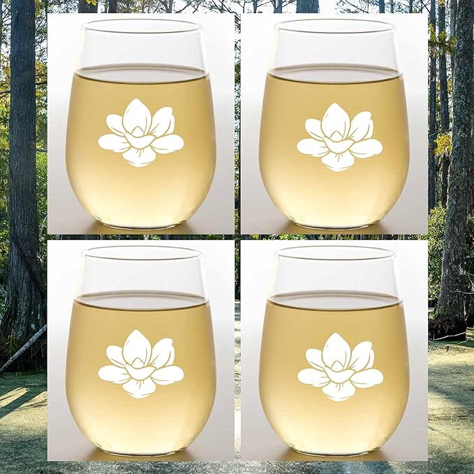 Set of 4 Shatterproof Designer 16 oz Plastic Wine Glasses MADE in the USA (MAGNOLIA)