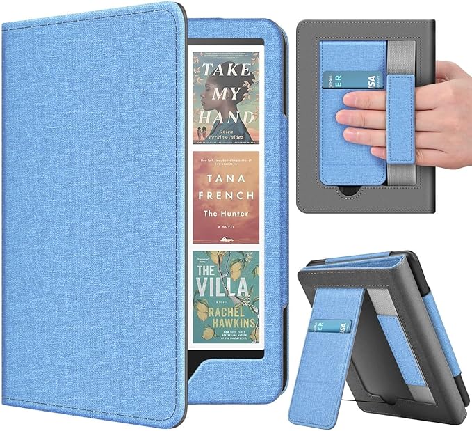 TNP Stand Case with Strap for Kindle Paperwhite 12th Gen 2024 / Kindle Colorsoft Signature Edition - 7" PU Leather Protective Folio Cover with Auto Wake/Sleep & Card Slot, Denim Blue