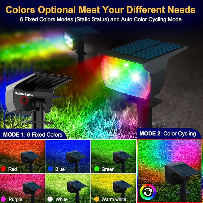 nipify 2 Pack Solar Spot Lights Outdoor Color Changing, 7 Modes Halloween RGB Solar Powered Waterproof Spotlight, Landscape Lighting for Outside Yard Garden Pathway