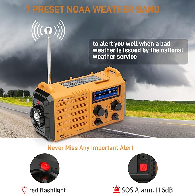 Eoxsmile Emergency Radio with NOAA Weather Alert, 5000mAh Solar Hand Crank Portable AM/FM Shortwave Radio, Rechargeable Battery Powered, USB Charger, Flashlight, SOS Alarm for Home Outdoor Survival