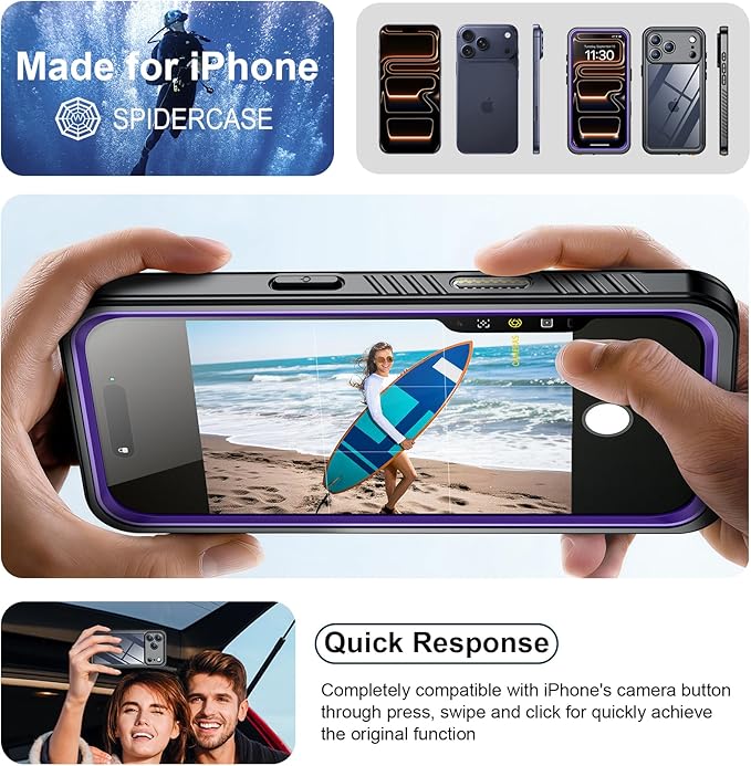 SPIDERCASE for iPhone 17 Pro Max Case Waterproof, Built-in Lens & Screen Protector, Full Heavy Duty Protection, 12FT Military Shockproof, Dustproof, Anti-Scratched Phone Case,Purple/Clear