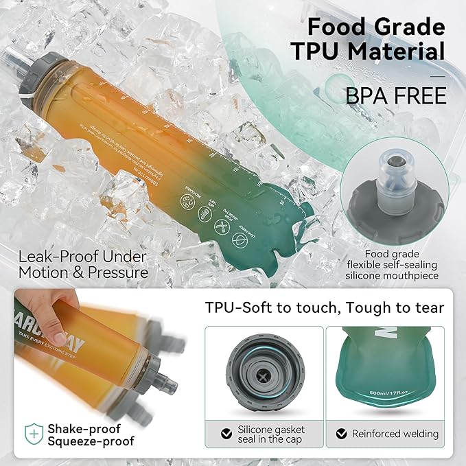 MARCHWAY Soft Hydration Flask with Wide Mouth, 300ml/500ml Collapsible TPU Water Bottle, Leakproof Portable Flexible for Running, Hiking, Cycling, Climbing, Gym, Travel (2pcs Orange-Green 300ml)