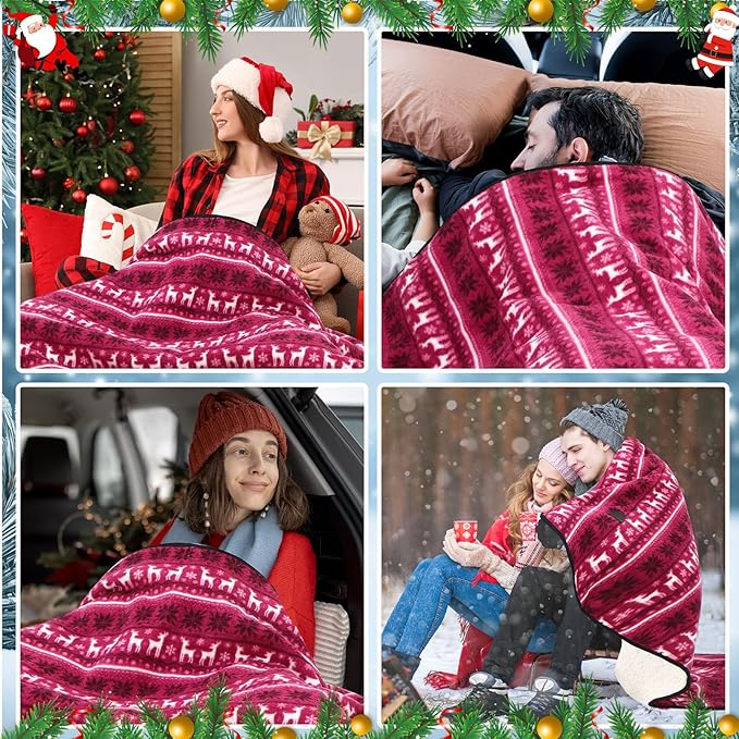 Riakrum 12V Car Heated Blanket for Cold with 2 or 3 Heating Levels 58 x 43 Emergency Winter Adjustable Temperature Electric Blanket Throw Gift Plugs in Car RV Truck SUV(Red and White,Reindeer)