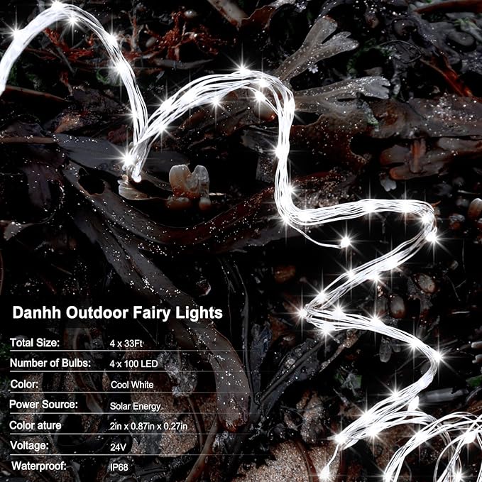 4 Pack Solar Fairy Lights 131.2Ft 400 LED, Twinkle Lights with 8 Modes, Waterproof Silver Wire String Lights for Garden Patio Party Weding Decorations (Cool White)