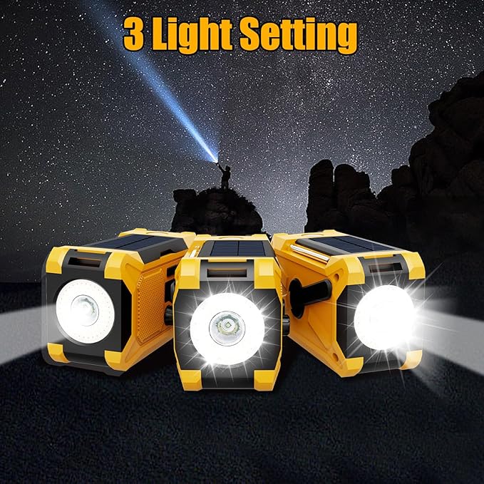Emergency Hand Crank Radio with LED Flashlight, AM/FM NOAA Portable Weather Alert Radio, Solar Powered Radio with Phone Charger, USB Charged, Headphone Jack, SOS Alarm, Compass for Outdoors Yellow