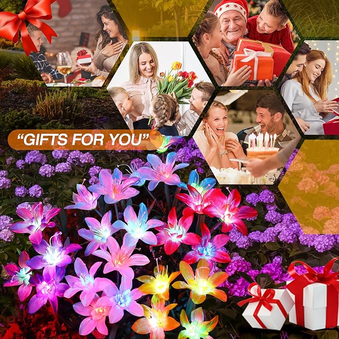 Aukora Solar Garden Lights Outdoor 5 Pack, 5 Colors Lily Flowers & 7-Color Changing Solar Lights for Outside, Waterproof for Garden Patio Yard Decor