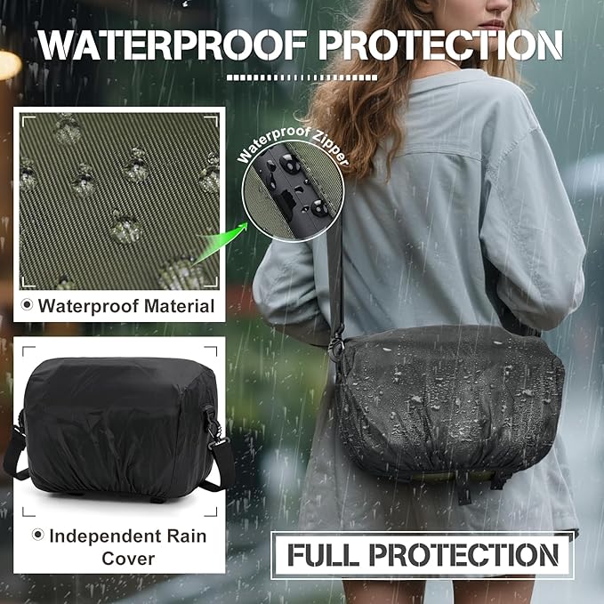 RAINSMORE Camera Bag, DSLR/SLR/Mirrorless Small Camera Sling Bag Waterproof Camera Case with Tripod Holder & Rain Cover Compact Crossbody Camera Bags for Photographers Everyday Shoulder Bags, Green