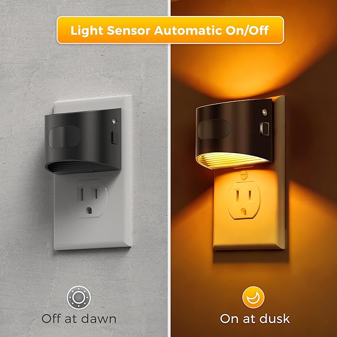 L LOHAS LED Night Light with Motion Sensor & Dusk to Dawn Sensor, Night Lights Plug into Wall with 30-100lm Adjustable Brightness, Dimmable Night Light for Bathroom Hallway, 1600K Amber, 4 Pack