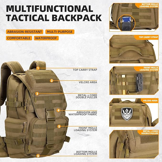 50L Military Tactical Backpack 3 Day Assault Pack Molle Daypack Hiking Backpack for Men and Women