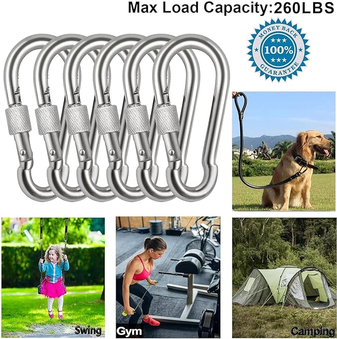 Locking Carabiner Clips, Stainless Steel Spring Snap Hook Locking Carabiner Heavy Duty - 304 Premium Stainless Steel Thumb Screw Carabiner Clip