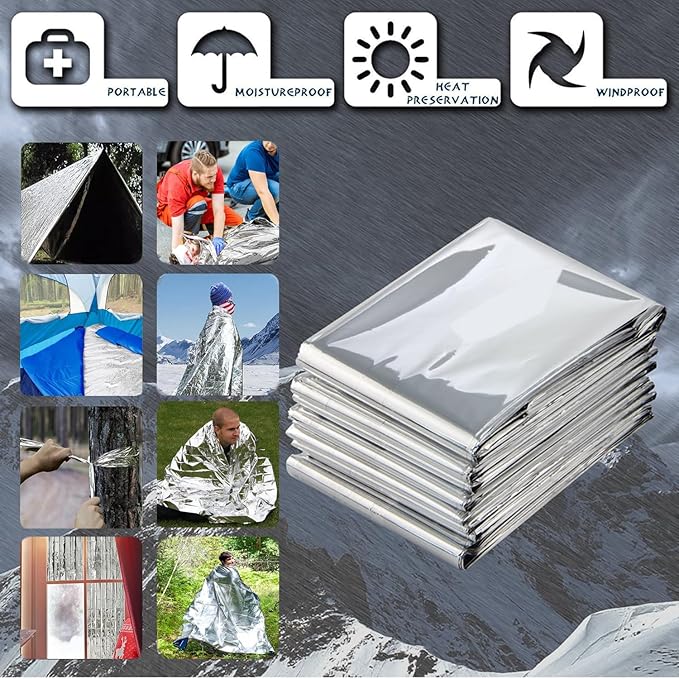 TourKing 20 Pack Emergency Mylar Blanket, Silver, 83" x 52", Perfect for Outdoors, Hiking, Survival, Marathons or First Aid