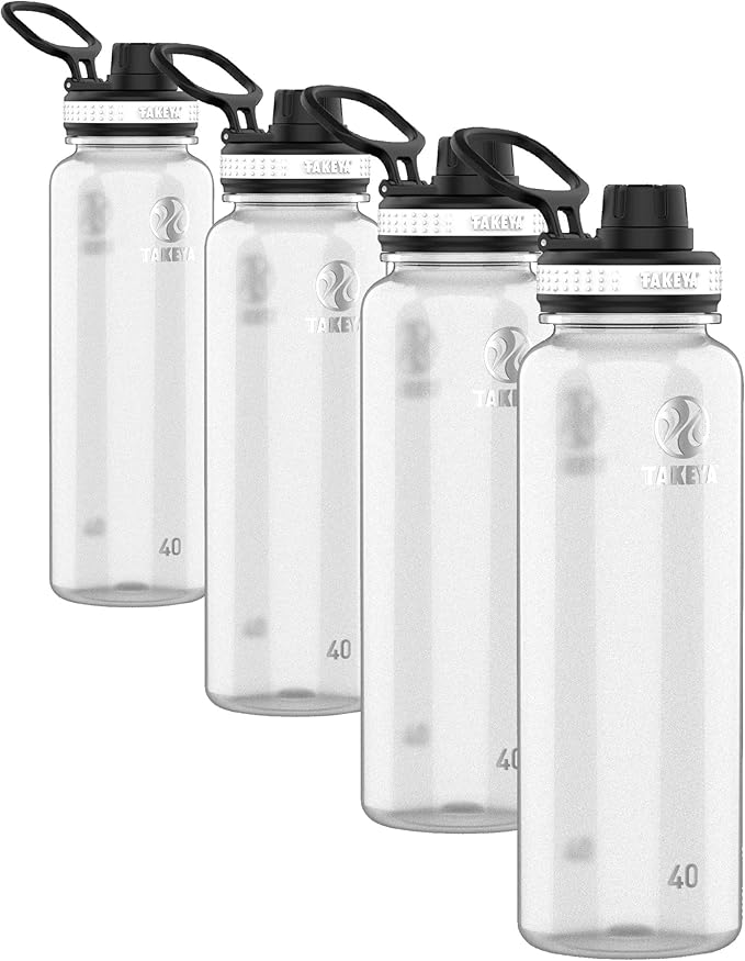 Takeya Tritan Water Bottle with Spout Lid - Durable Dishwasher-Simple, Modern & Reusable Water Bottle with Leak-Proof Lid - 40 oz, Clear (Pack of 4)