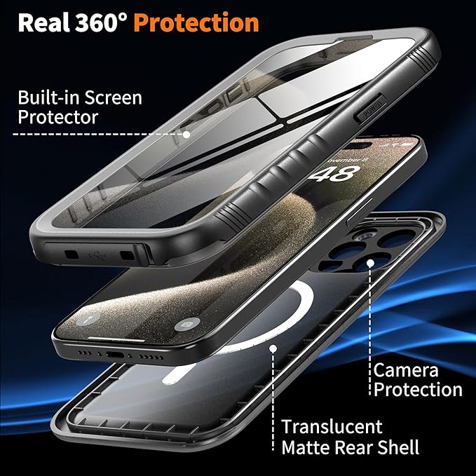 Cozycase for iPhone 15 Pro Max Waterproof Shockproof Dustproof Case [Compatible with MagSafe] - Heavy Duty/360 Full Body/Military Grade/Rugged Built in Screen/Camera Protector with Lanyard Black