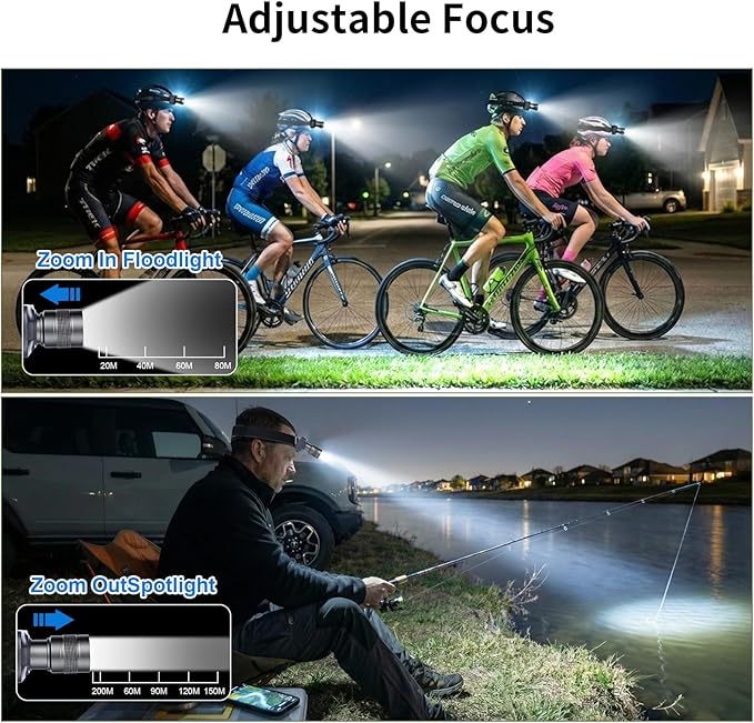 KunHe 2 Pack 333LM Aluminum Alloy Headlamp 1800mAh Rechargeable Headlamp with Zoomable 150M Long Beam IP65 Waterproof 3 Modes High Low Strobe for Outdoor Camping Construction Work Emergency