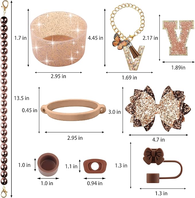 9PCS Brown for Stanley Cup Accessories Set Bling Initials Bow Charms for Stanley Decorations 30/40 Oz Tumbler Accessories Including Bow Straw Topper, Handle Strap, Spill Stopper（Letter V）