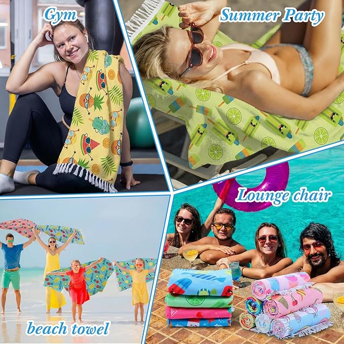 Peryiter 24 Pack Microfiber Oversize Turkish Beach Towel Set 12 Large Absorbent Beach Towels with 12 Storage Bag 28 x 55 Quick Dry Lightweight Bath Towel Blanket for Hawaii Camp Swim Pool(Ice Cream)