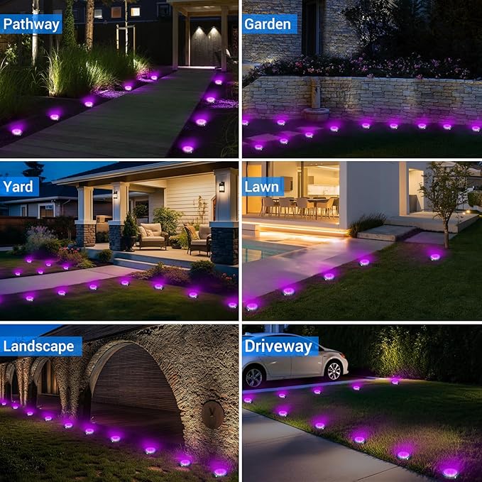 Peasur Solar Ground Lights Outdoor, 8 Pack Flat Solar Powered Disc Lights, IP68 Waterproof, Anti-Rust, Landscape Lighting for Pathway Garden Yard Lawn Walkway Landscape Driveway, Purple