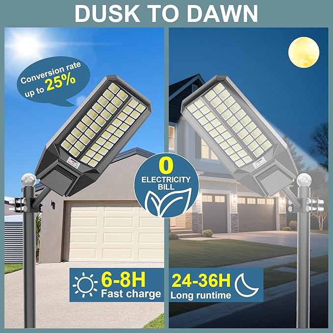 Solar Street Lights Outdoor, Commercial Grade Dusk to Dawn LED Security Flood Light, 300000 Lumens Motion Sensor Area Lighting with Remote for Parking Lot, Yard, IP67 Waterproof, 7000K Daylight 2Pack
