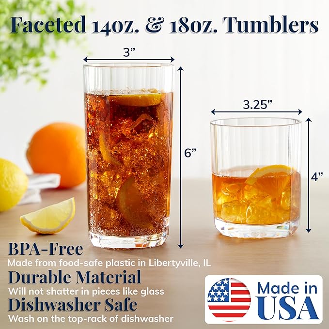 US Acrylic Faceted Clear Plastic Reusable Drinking Glasses (Set of 8) 14oz Rocks & 18oz Water Cups, BPA-Free Tumblers, Made in USA, Top-Rack Dishwasher Safe