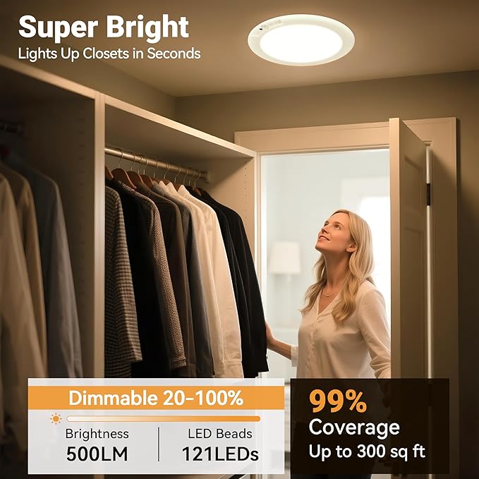 Rechargeable Ceiling Light, No Wiring Battery Operated Ceiling Lights with Remote, Motion Sensor Dimmable Timing Motion Activated Overhead Shower Light for Bathroom Pantry Hallway Porch (6)