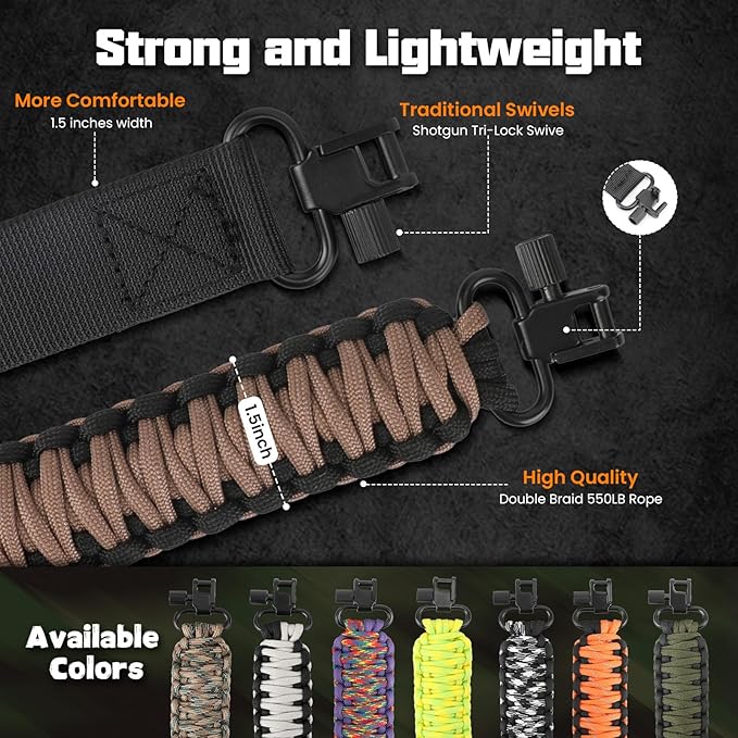 Double Braide 550LB Shotgun Sling 2 Point Paracord Rifle Sling,Non-Slip Traditional Adjustable Gun Sling for Hunting Shooting Camping