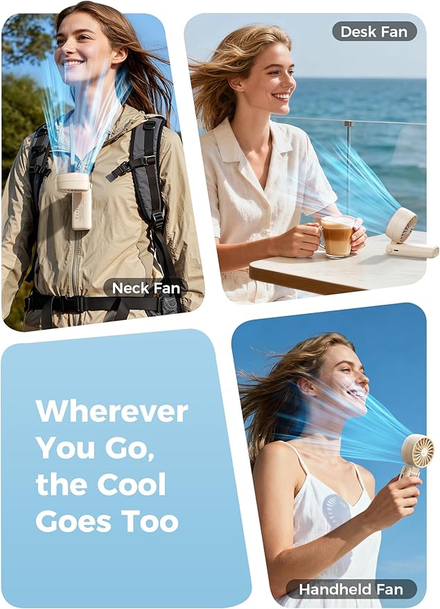 Aecooly Mighty Portable Handheld Fan | 20H Max Cooling Time | 3 Flexible Modes | 5 Speeds Wind | Battery Level Display | USB Rechargeable Mini Personal Battery Powered, Gifts for Women, Travel -Beige