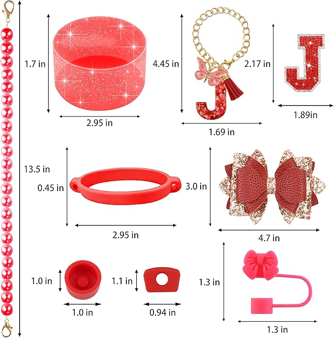 9PCS Red for Stanley Cup Accessories Set Bling Initials Bow Charms for Stanley Decorations 30/40 Oz Tumbler Accessories Including Bow Straw Topper, Handle Strap, Spill Stopper（Letter J）