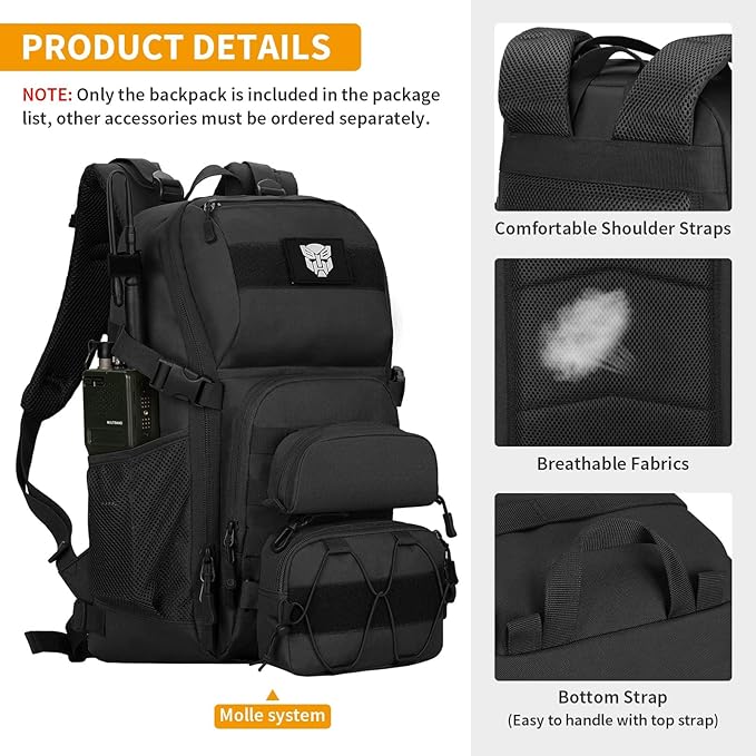 HUNTVP Tactical Backpack Military MOLLE Backpack Hunting Rucksack Gear Assault Pack 25L WR（Black）