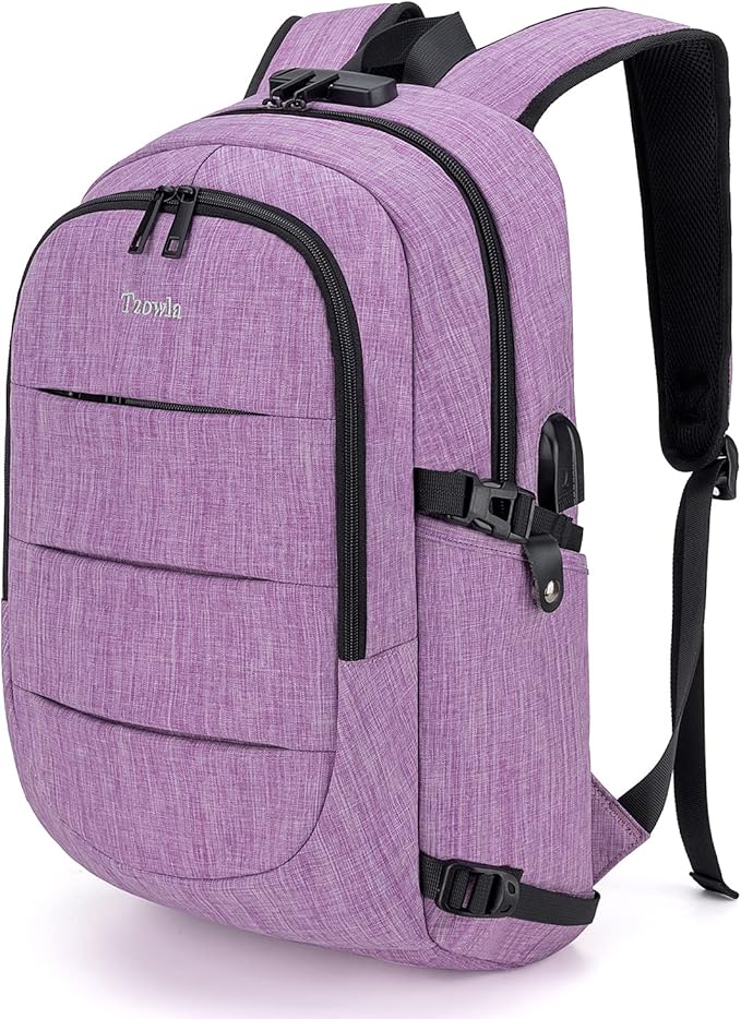 Tzowla Travel Laptop Backpack Water Resistant Anti-Theft Bag with Giant Tumbler Holder Pocket and Lock 15.6 Inch Computer Business Backpacks for Women Men Work College Gift,Casual Daypack(Purple)