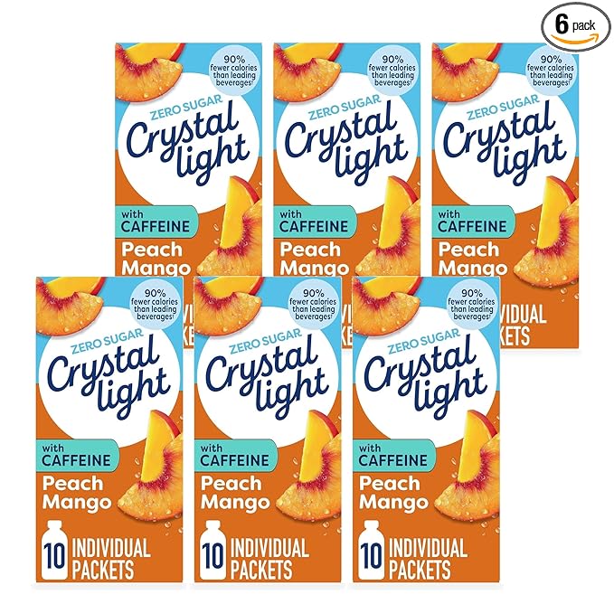 Crystal Light On The Go Peach Mango With Caffeine Drink Mix, 10-Packet Box, 0.7 OZ (Pack of 6)