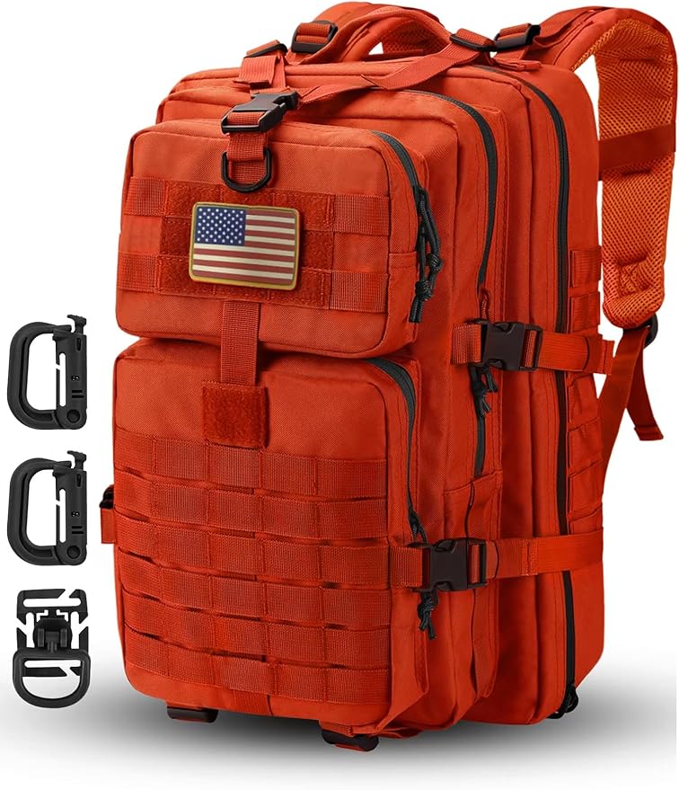 Hannibal Tactical MOLLE Assault Backpack, Tactical Backpack Military Army Camping Rucksack, 3-Day Pack Trip w/USA Flag Patch, D-Rings, Orange