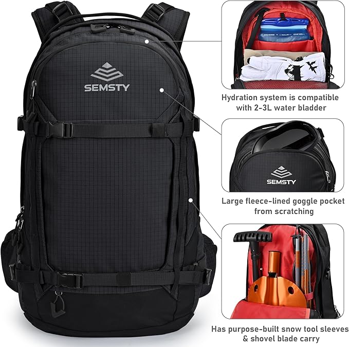 Ski and Snowboard Hydration Backpack, with 2L Water Reservoir and Insulated Harness, 30L Hydration Pack for Skiing, Hiking