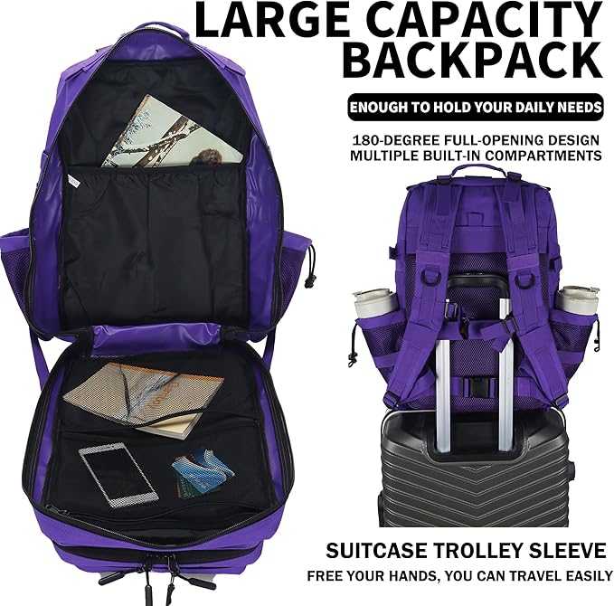 Sparklekle Military Tactical Backpack 45L 3 Day Assault Pack Waterproof Molle Hiking Rucksack for Men&Women (Purple)