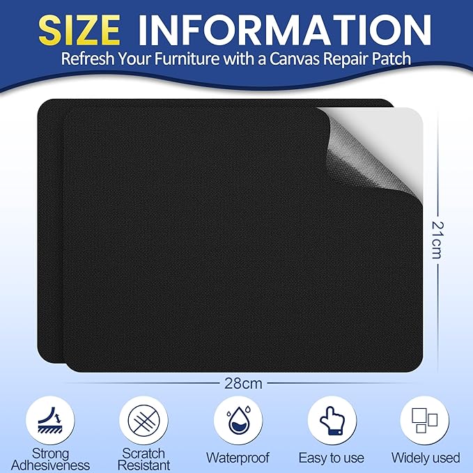Self-Adhesive Canvas Repair Tape, 8.3" x 11" Waterproof Canvas Repair Patch, Fabric Patch Repairs Kit for Furniture, Tents, Sunbrellas, Boat Covers Awnings, Couches, Clothes, Bags Black