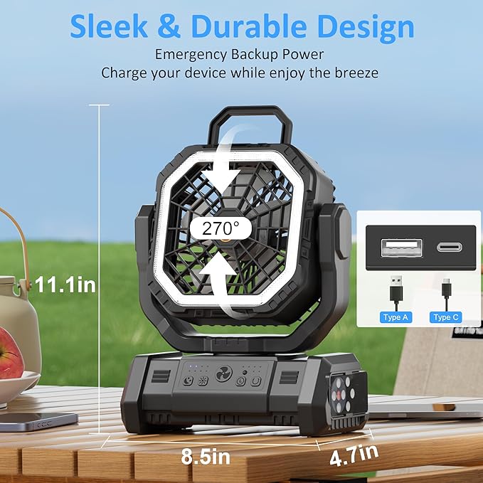 Portable Fan Rechargeable, 20000mAh Cordless Battery Powered Camping Fan with LED Light & Remote, 4 Speeds Wind, Timer, USB C, Hanging Hook, Oscillating Fans for Travel Tent, Camping Essentials