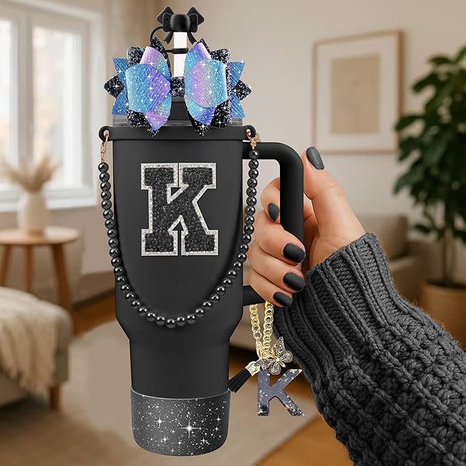 9PCS Black for Stanley Cup Accessories Set Bling Initials Bow Charms for Stanley Decorations 30/40 Oz Tumbler Accessories Including Bow Straw Topper, Handle Strap, Spill Stopper（Letter K）