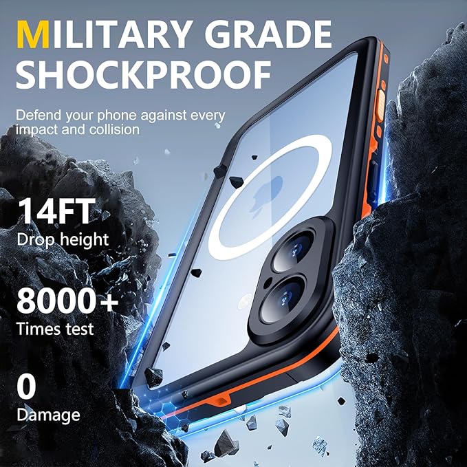 Red2Fire for iPhone 17 Case Waterproof, [Built-in Screen Protector & Camera Protector][Compatible with MagSafe][Full Body Shockproof][IP68 Waterproof][Dustproof] Phone Case 6.3" Orange/Clear