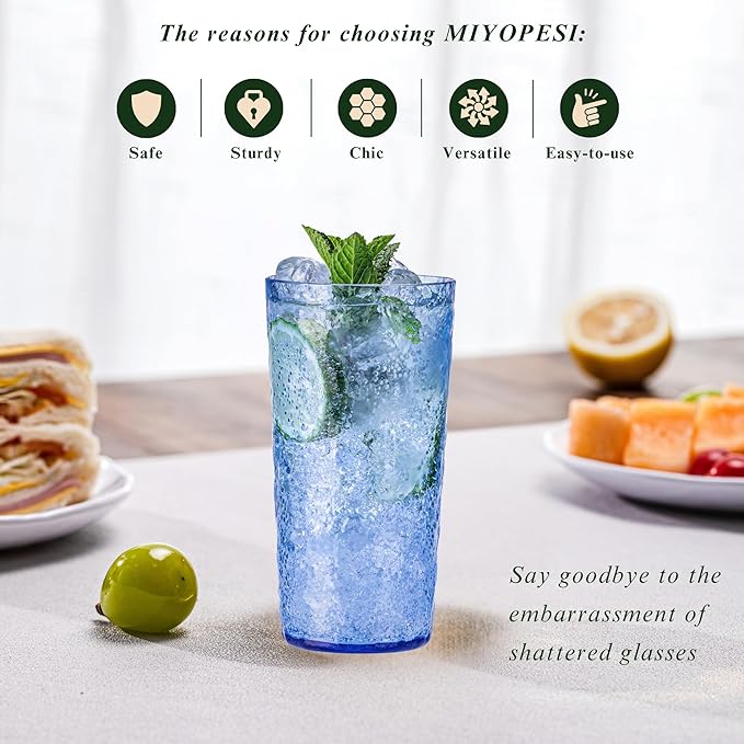 18oz Acrylic Glasses Drinkware (Set of 8), Ice-carved Design Shatter-Proof Plastic Cups, Reusable Plastic Drinking Tumblers, BPA-Free, Dishwasher-Safe (Blue)