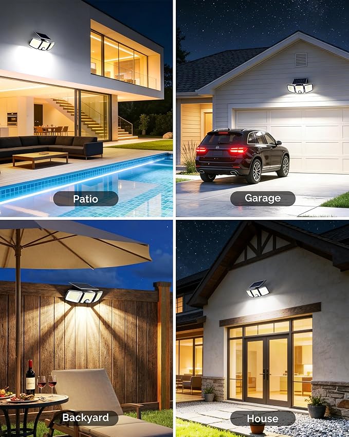 Brightown 4 Pack Solar Outdoor Lights with Motion Sensor, 223 LED 3 Head 270° Wide Angle Street Area Security Lights with Remote, IP65 Waterproof Flood Wall Lights with 3 Modes for Yard Outside