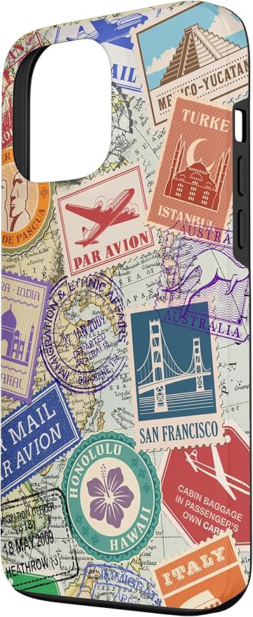 World Map Travel Passport Stamps Postage Stamp Case for iPhone 13 Pro Max